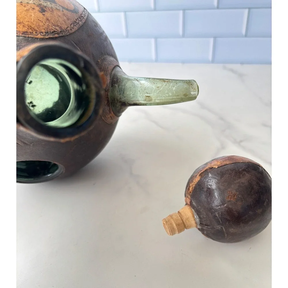 Vintage Leather Wrapped Glass Decanter Spanish Wine Bottle EMPTY